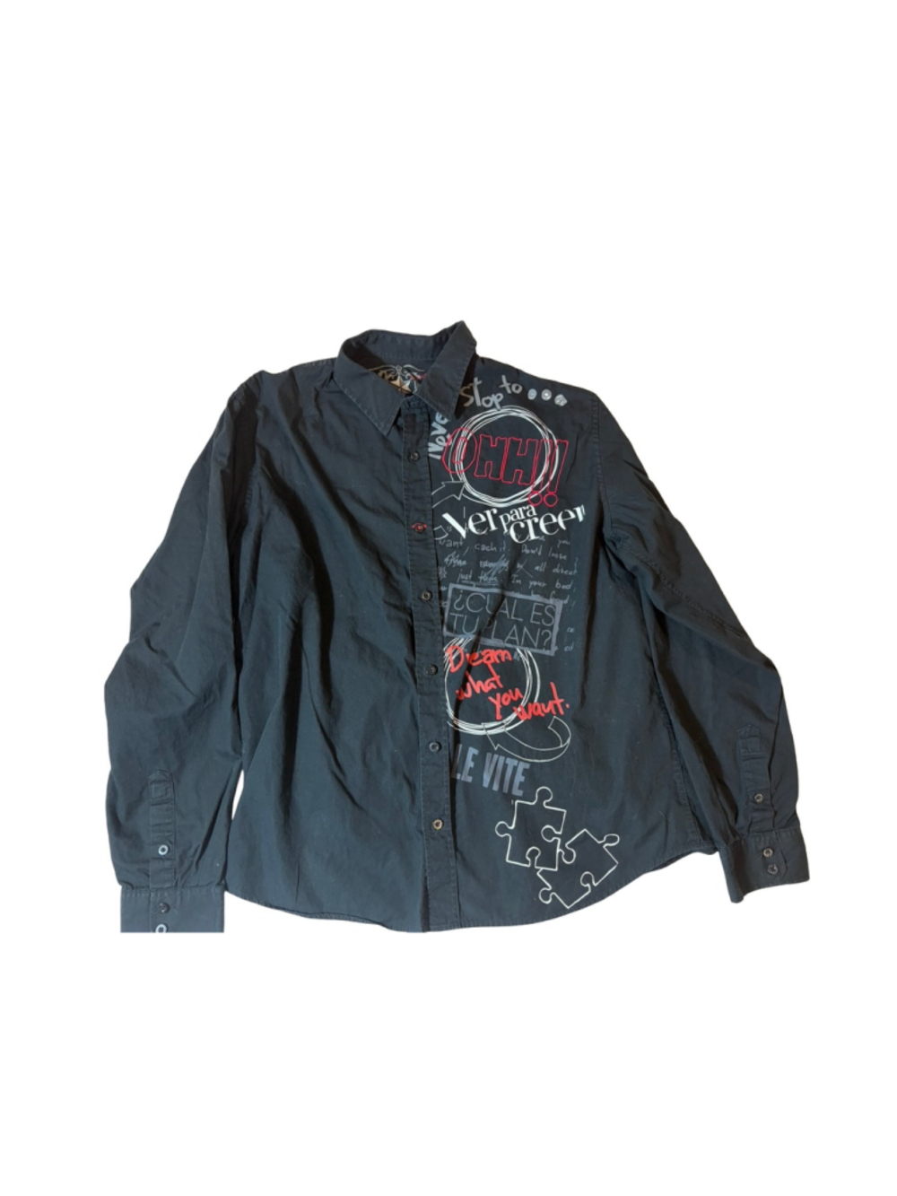 Desigual Black Graphic Button Down Shirt XL Y2K Artsy Punk Avant Garde